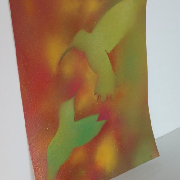 Handmade Abstract Painting of Two Green Hummingbirds In Flowers on 15x11 paper - Picture 8 of 14